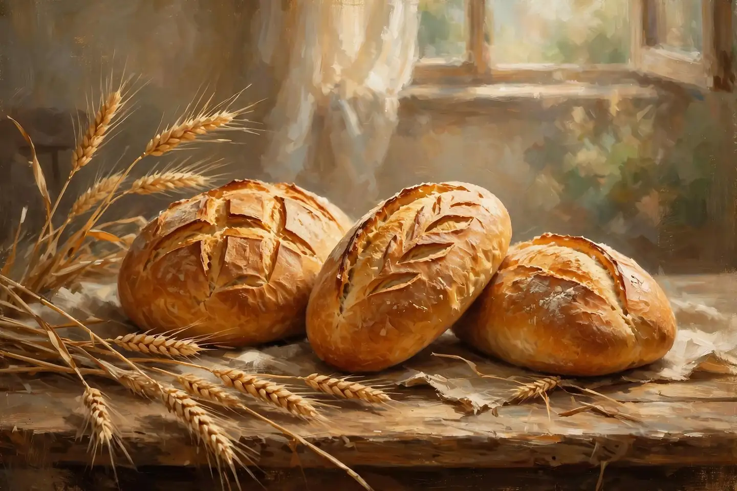 Painted still life of three golden loaves of bread and wheat stalks on a wooden table in window light