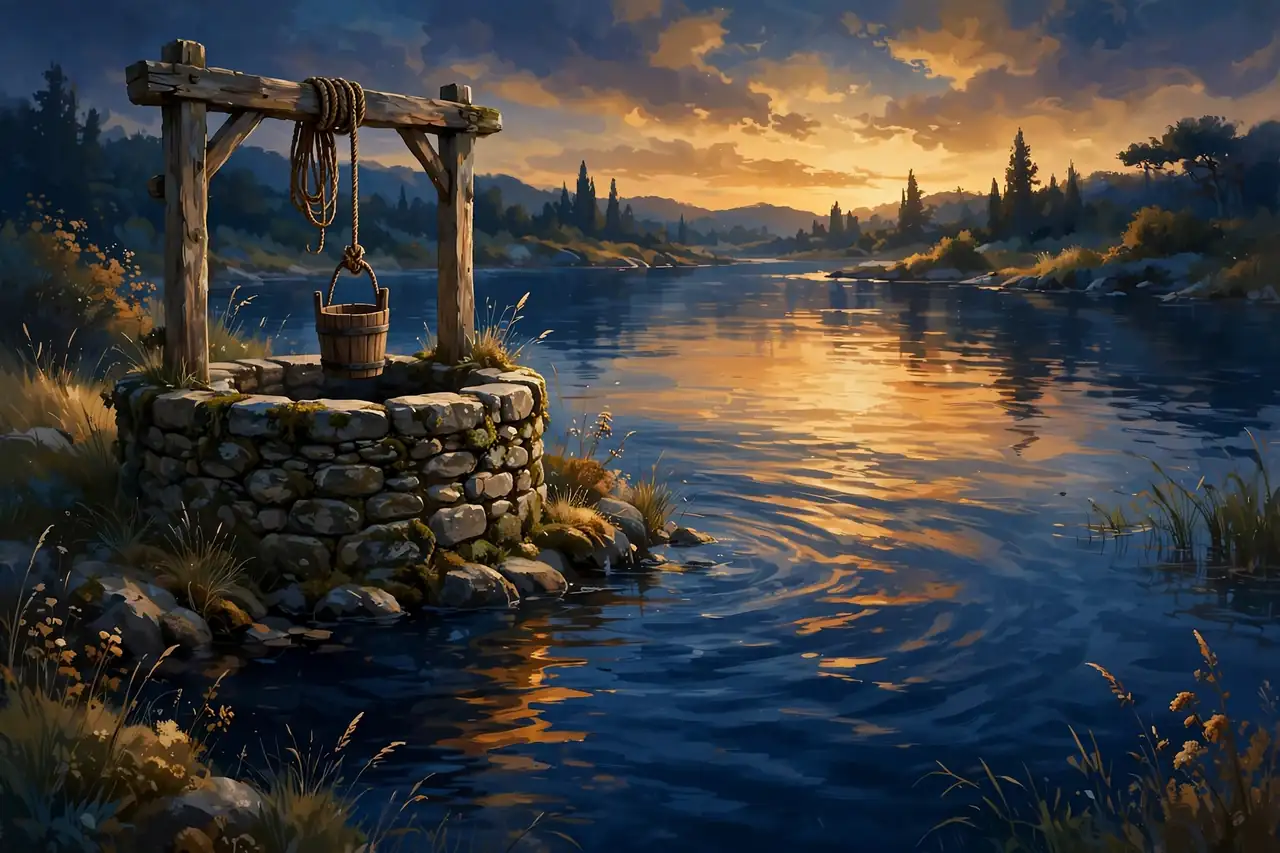 Painted illustration of an old stone well with a wooden bucket, beside still water reflecting a golden sunset